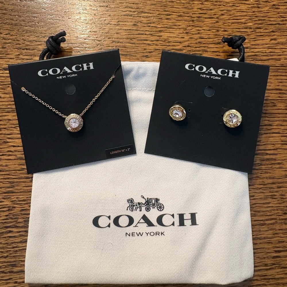 Coach Gold-Tone Necklace and Crystal Stud Earrings Set